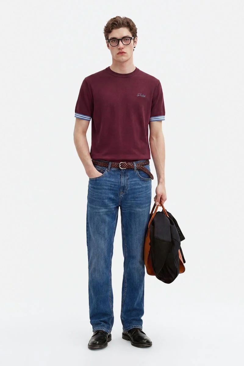 سنيتش Burgundy Solid Half Sleeve Regular Fit Casual T-Shirt