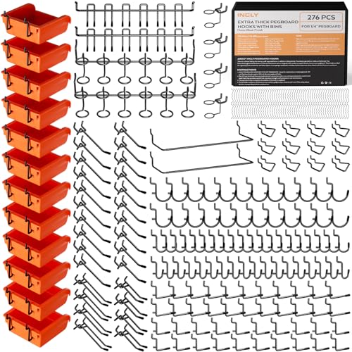 INCLY 276PCS Extra Thick 1/4" Pegboard Accessories Organizer Kit, Heavy Duty Black Pegboard Hooks with Bins & Paper Towel Holder, Peg Board Hook Assortment for Garage Wall Attachments Hanging Tools - Image 1