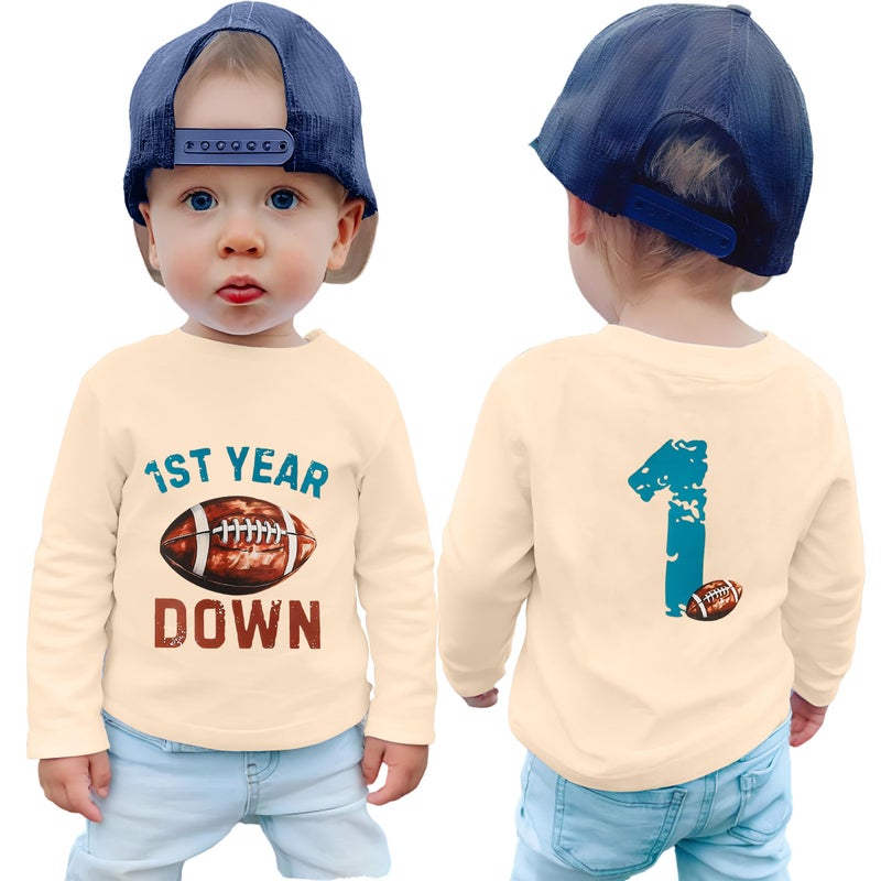 TITKKOP First Birthday Shirt Baby Boys One Year Old Tops 1st Birthday T-Shirt Cotton Long Sleeve Clothes Outfit, Beige, 12-18 months - Image 1