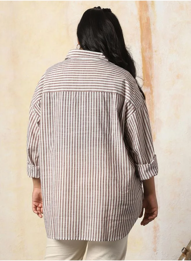 HIGH STAR Women Shirts in Brown featuring Oversized fit with a strip pattern, spread collar collar, collar neckline, full sleeve, secured with button closure, crafted from 100% cotton – perfect for elevating your everyday style.