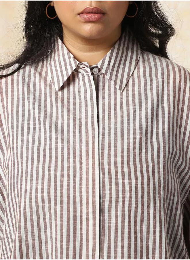 HIGH STAR Women Shirts in Brown featuring Oversized fit with a strip pattern, spread collar collar, collar neckline, full sleeve, secured with button closure, crafted from 100% cotton – perfect for elevating your everyday style.