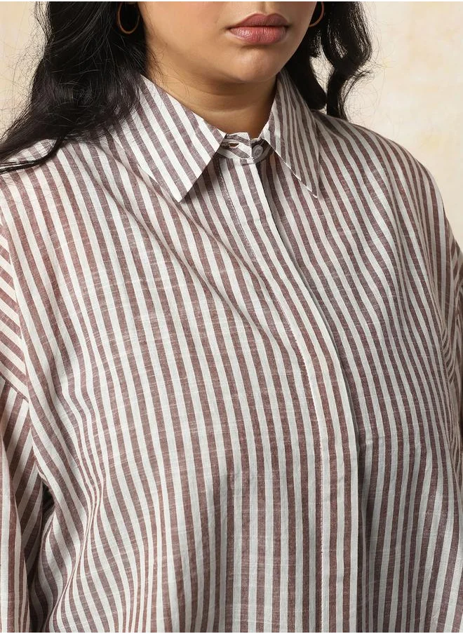 HIGH STAR Women Shirts in Brown featuring Oversized fit with a strip pattern, spread collar collar, collar neckline, full sleeve, secured with button closure, crafted from 100% cotton – perfect for elevating your everyday style.
