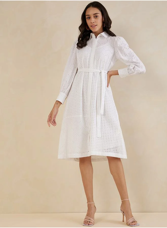 FEMELLA Schiffli Button Down Collared Midi Shirt Dress with Tie Up Belt by Styli