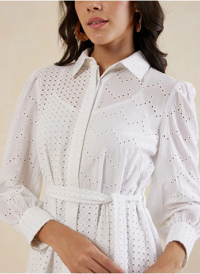 FEMELLA Schiffli Button Down Collared Midi Shirt Dress with Tie Up Belt by Styli