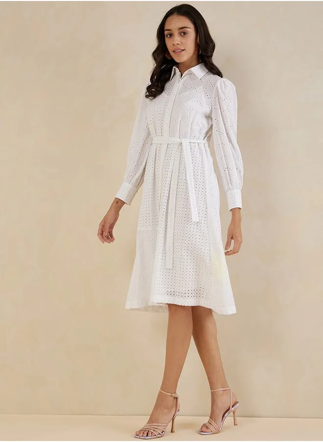 FEMELLA Schiffli Button Down Collared Midi Shirt Dress with Tie Up Belt by Styli