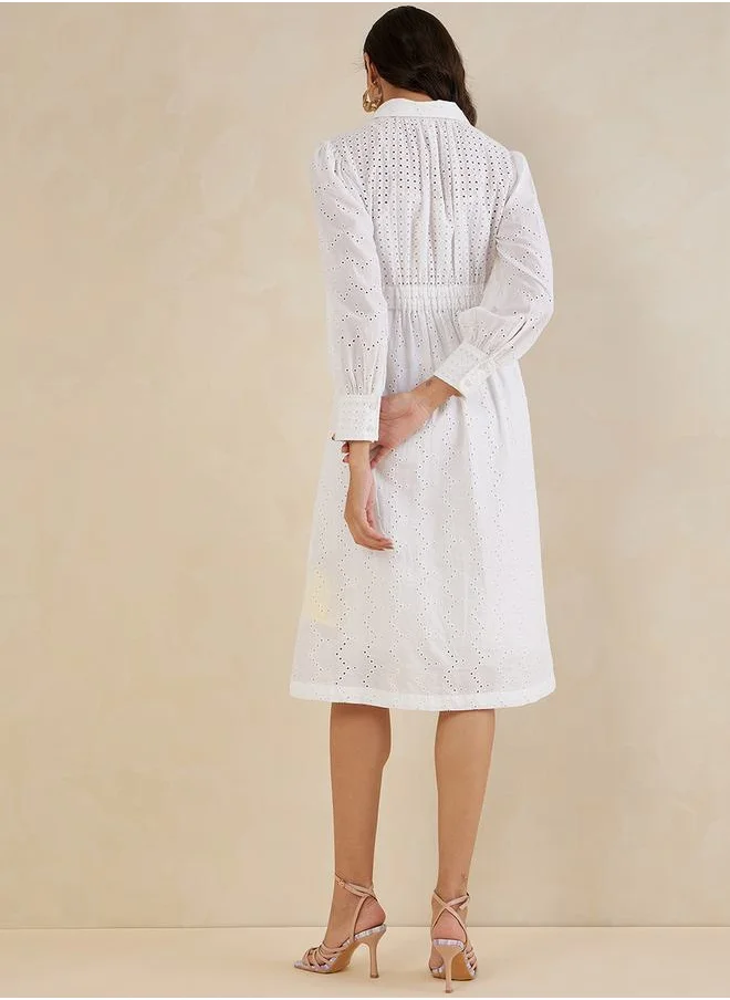 FEMELLA Schiffli Button Down Collared Midi Shirt Dress with Tie Up Belt by Styli