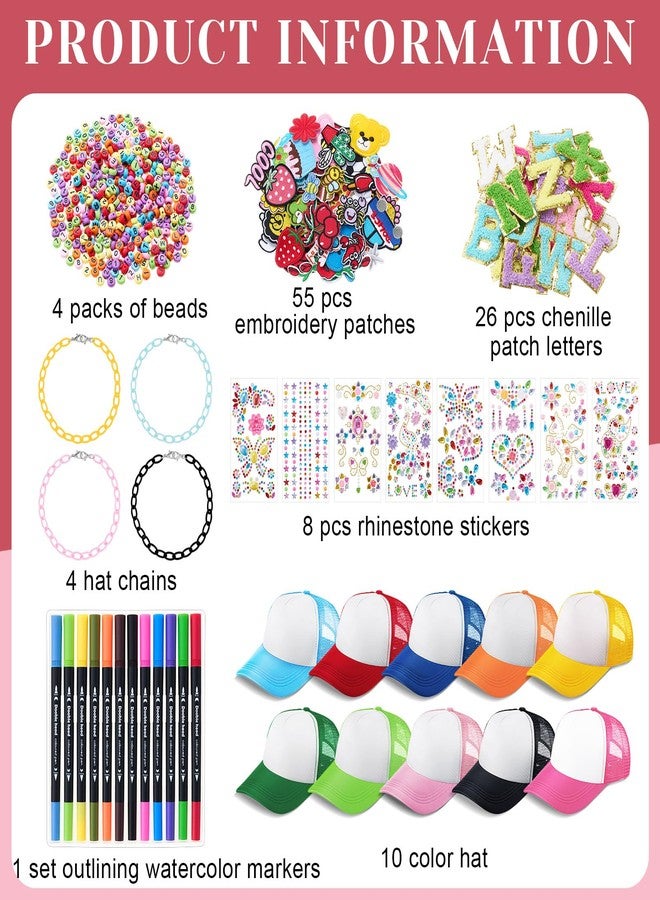 Skicuff مجموعة تزيين قبعات سائقي الشاحنات من Skicuff، 112 قطعة، تتضمن 10 قبعات بيسبول فارغة مع ملصقات ورقع وسلاسل وحروف من الشانيل وخرز وأقلام (كلاسيكية). - Image 2