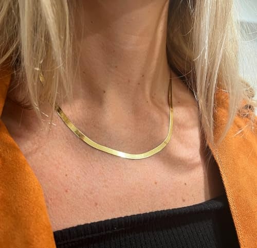 CHESKY Herringbone Gold Chain Necklace for Women, Dainty Gold Chain Necklace 14k Gold Plated 5MM Flat Snake Necklaces Thick Chunky Choker Necklaces for Women - Image 2