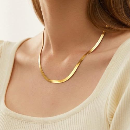 CHESKY Herringbone Gold Chain Necklace for Women, Dainty Gold Chain Necklace 14k Gold Plated 5MM Flat Snake Necklaces Thick Chunky Choker Necklaces for Women - Image 4