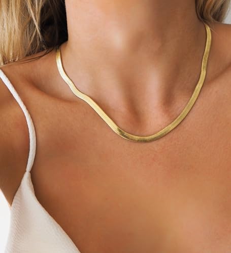 CHESKY Herringbone Gold Chain Necklace for Women, Dainty Gold Chain Necklace 14k Gold Plated 5MM Flat Snake Necklaces Thick Chunky Choker Necklaces for Women - Image 3