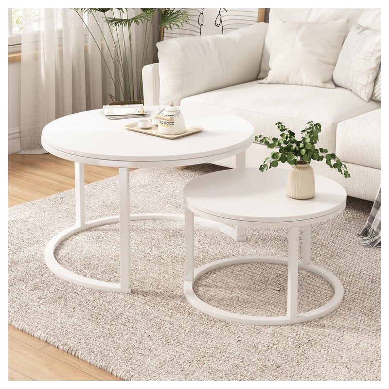 آسي بلاي طقم طاولات قهوة دائرية متداخلة عدد 2، تصميم عصري لغرفة المعيشة بسطح بنقشة خشبية وإطار معدني متين، موفر للمساحة - Image 1