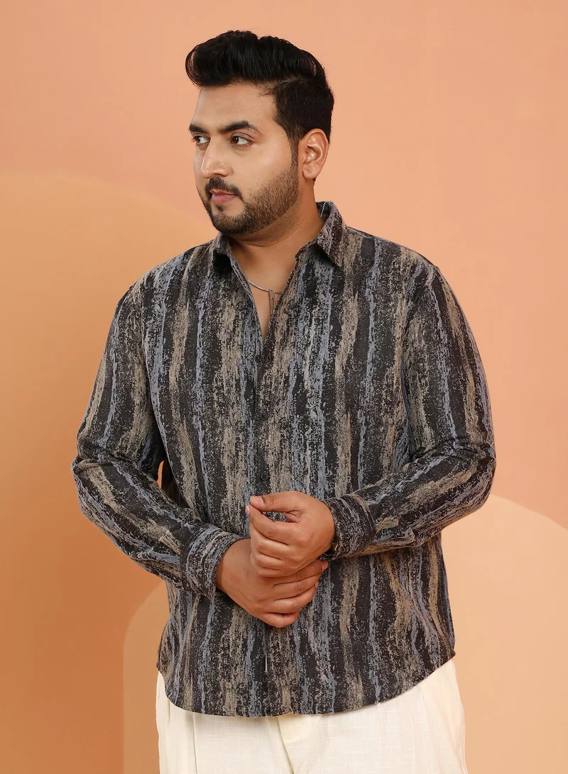 انستافاب بلس قميص رجالي مقاس بلس أسود ليلي مخطط بلمسة ناعمة للارتداء الكاجوال بياقة واسعة وأكمام طويلة بأزرار