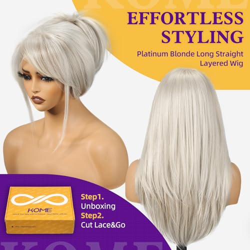 KOME Platinum Blonde Synthetic Lace Front Wig13X6 Long Straight Layered Glueless Wigs for Women Daily Use 22IN - Image 3