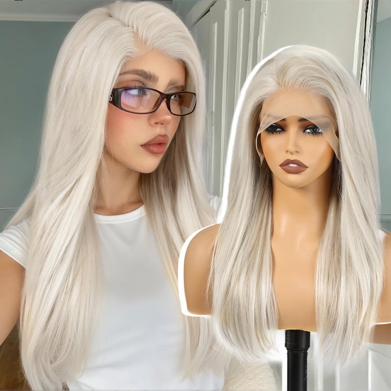 KOME Platinum Blonde Synthetic Lace Front Wig13X6 Long Straight Layered Glueless Wigs for Women Daily Use 22IN - Image 2