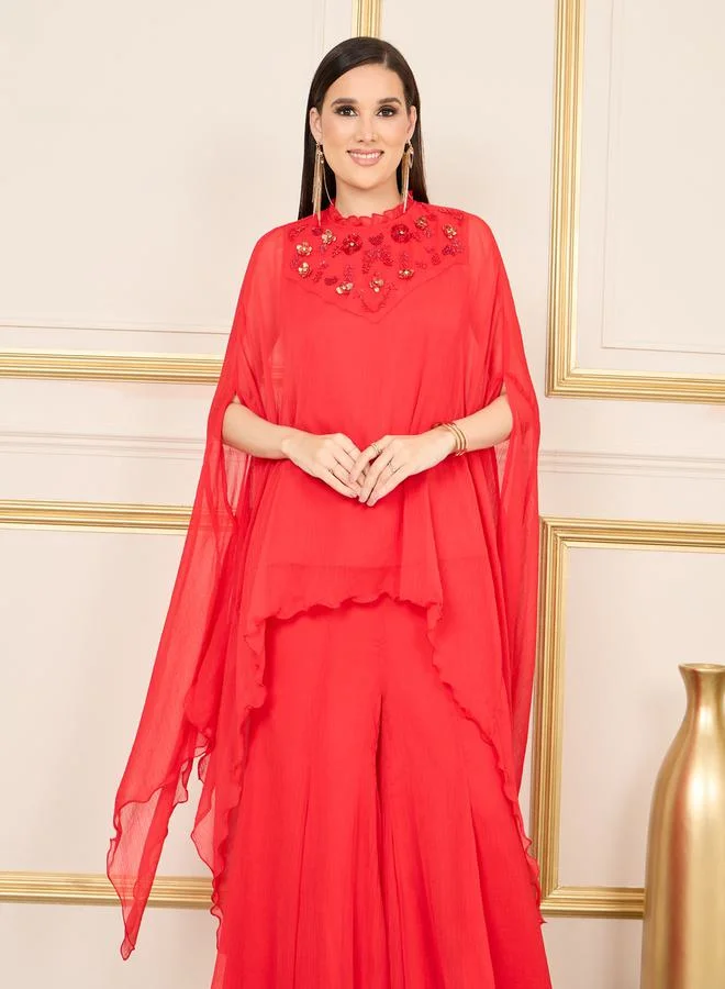 Styli Beaded Detail Cape Style Chiffon Top and Flared Pant Co-ord