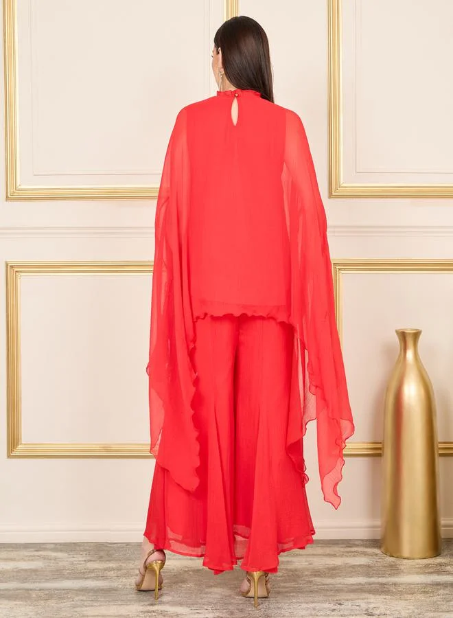 Styli Beaded Detail Cape Style Chiffon Top and Flared Pant Co-ord