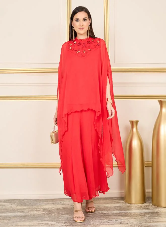 Styli Beaded Detail Cape Style Chiffon Top and Flared Pant Co-ord