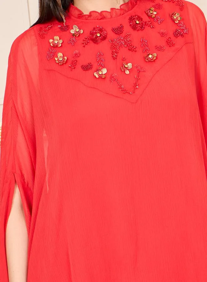 Styli Beaded Detail Cape Style Chiffon Top and Flared Pant Co-ord