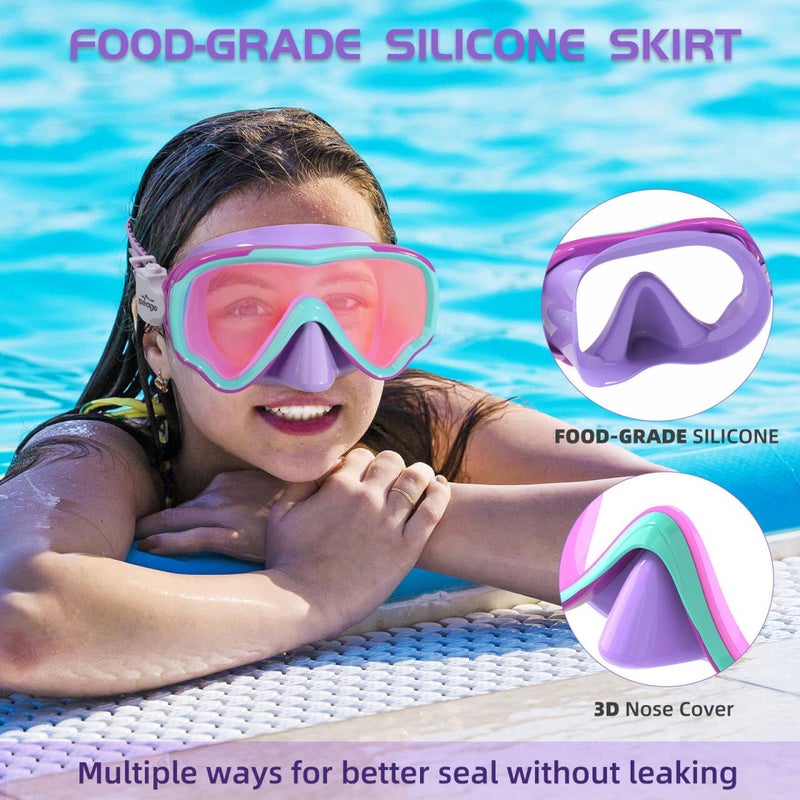 Seago Kids Swim Goggles for Kids 6-14 8-12 8-14 4-7, Swimming Goggles for Girls Boys Youth Anti-Fog 180Â° Clear Wide Vision No Leak Kids Underwater Pool Water Swim Glass with Nose Cover Mirrored Purple - Image 2