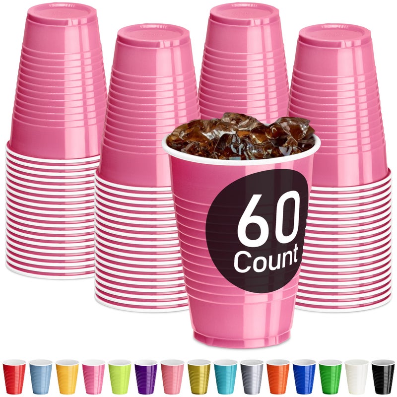 DecorRack Pink Plastic Cups 12 oz Disposable Cups Party Supplies 60 Count