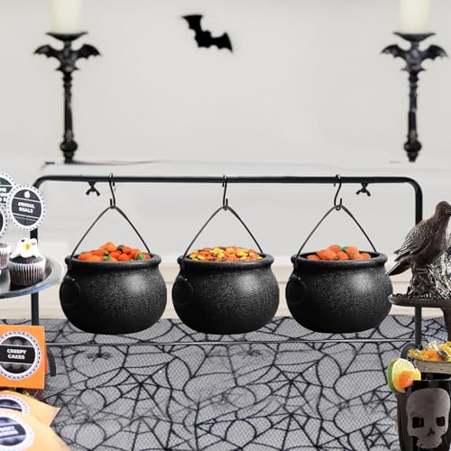 ORIENTAL CHERRY Halloween Decor - Halloween Party Decorations - Set of 3 Witches Cauldron Serving Bowls on Rack - Black Plastic Cauldron for Indoor Outdoor Home Kitchen Decoration - Image 2