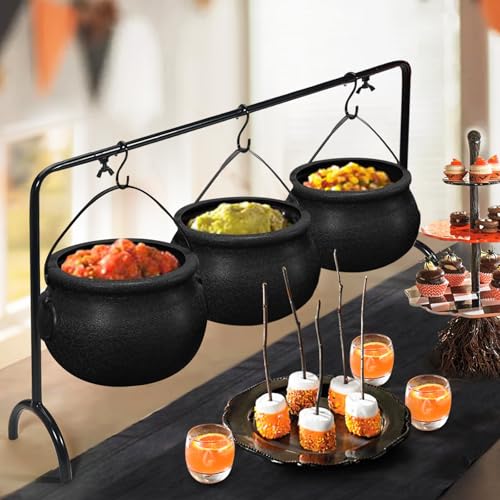 ORIENTAL CHERRY Halloween Decor - Halloween Party Decorations - Set of 3 Witches Cauldron Serving Bowls on Rack - Black Plastic Cauldron for Indoor Outdoor Home Kitchen Decoration - Image 1