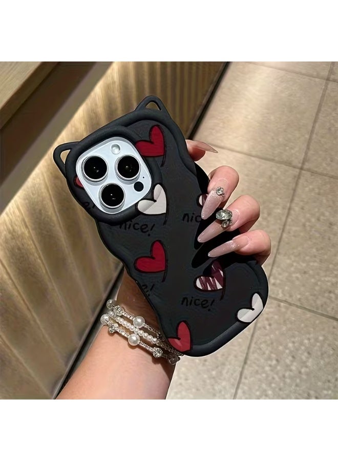 Temu Durable silicone phone case with a floral pattern, featuring a cool cat ear design, stylish wavy edges, drop and shock resistant, compatible with iPhone 16 Pro Max