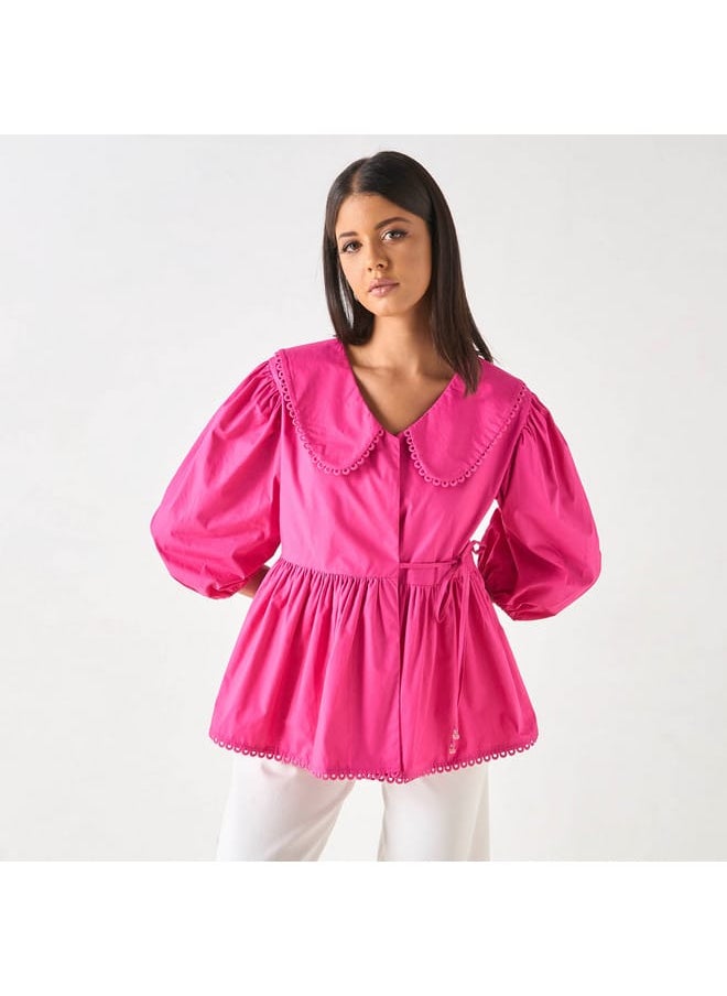 Iconic Iconic Solid Peplum Top with Peter Pan Collar and Tie-Up Detail  - Image 1