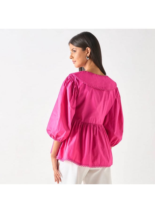 Iconic Iconic Solid Peplum Top with Peter Pan Collar and Tie-Up Detail  - Image 3