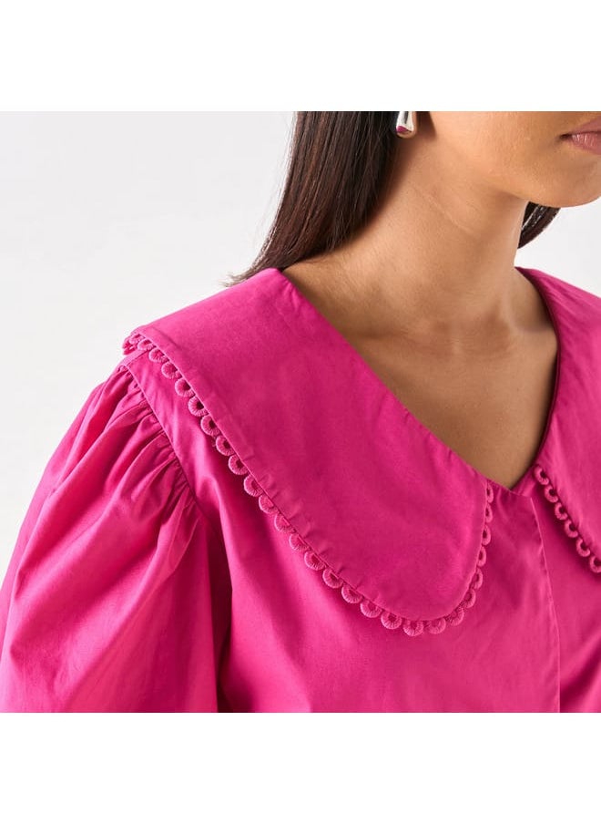 Iconic Iconic Solid Peplum Top with Peter Pan Collar and Tie-Up Detail  - Image 4