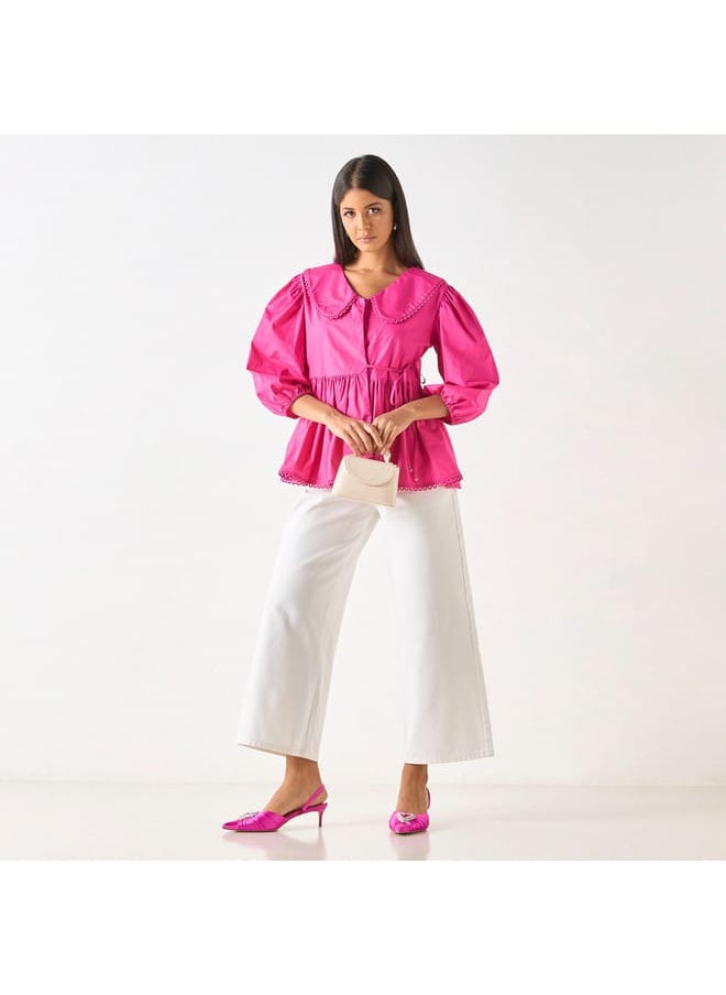 Iconic Iconic Solid Peplum Top with Peter Pan Collar and Tie-Up Detail  - Image 2