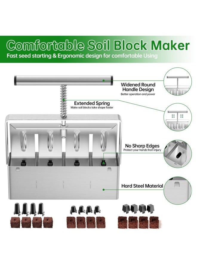 NVRGIUP Soil Blocker, 4 Cell Soil Block Maker 2 Inch with 3 Sizes Seed Pins, Seed Handheld Block Maker with Comfortable Handle, Garden Blocking Tools for Seedings, Cuttings, Greenhouses - Image 3