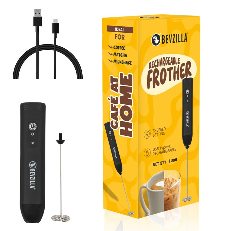 Bevzilla Rechargeable Electric Frother | 3-Speed Handheld Coffee Frother with Type-C Fast Charging | Ideal for Coffee, Matcha & Milkshakes | One-Touch Operation - Image 1