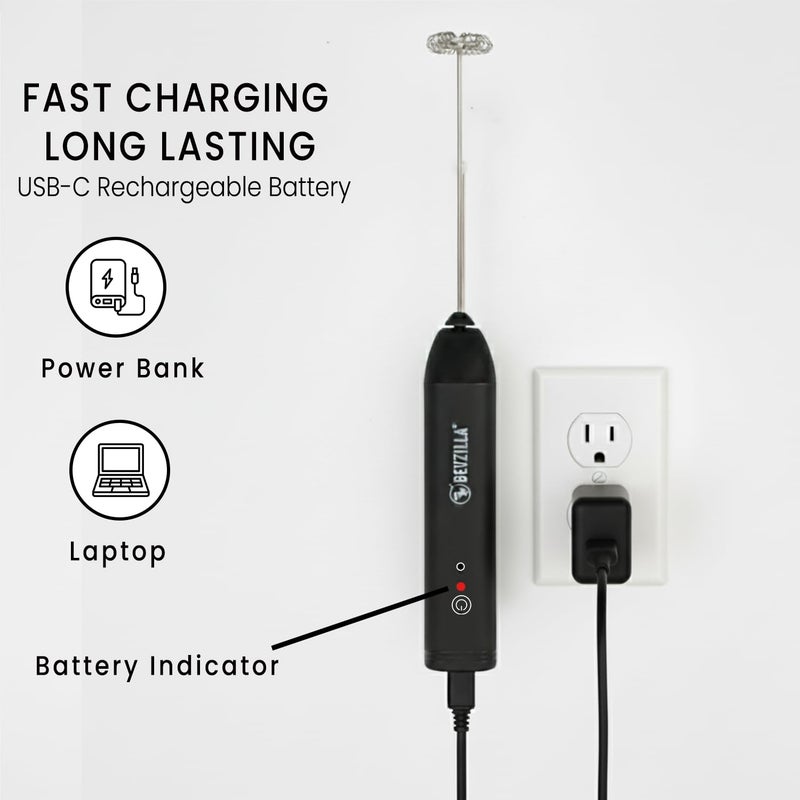 Bevzilla Rechargeable Electric Frother | 3-Speed Handheld Coffee Frother with Type-C Fast Charging | Ideal for Coffee, Matcha & Milkshakes | One-Touch Operation - Image 3