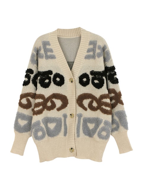 Middle-Length Open Cardigan Knitted Sweater with Letter Pattern Spring Autumn Polyester Comfortable Casual Style Long Sleeve Apricot