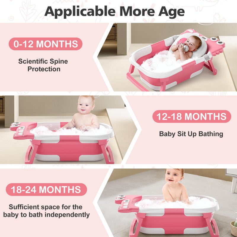Tavlshero Collapsible Baby Bathtub for Newborn, Foldable Baby Bath Tub with Thermometer & Soft Floating Cushion & Drain Hole, Portable Travel Infant Bath Tubs for Newborns to Toddler 0-36 Months Girl, Pink - Image 3