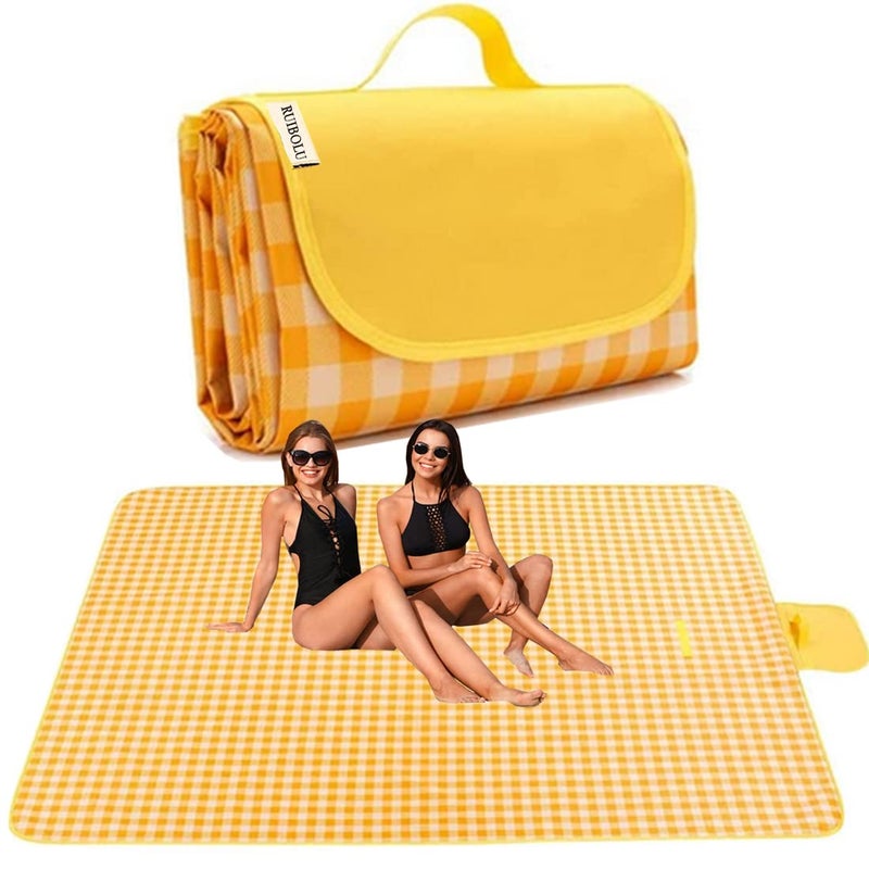 RUIBOLU Extra Large Picnic Blanket Beach Blankets 80x80 Picnic Mat Waterproof Sand Proof Foldable Portable for Outdoor Camping Hiking Travel Grass Park Music Festival Lawn Mats yellow 80x80 inch - Image 2
