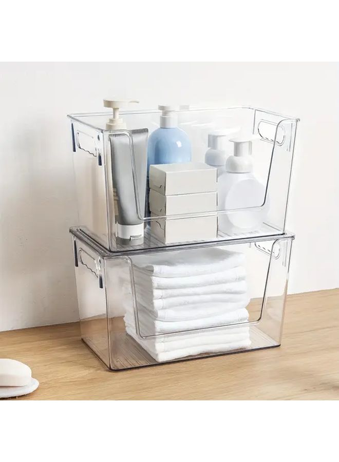 Stackable Storage Organizer With U Shaped Door And Flip Top Lid Heavy Duty Transparent Plastic Bin 2pcs For Under Sink Pantry Laundry Room Roll Dispenser Shelf Toilet Paper Napkins Tissues - Image 2