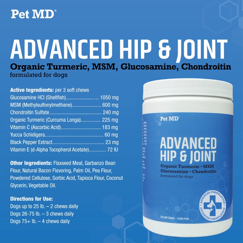 Pet MD Glucosamine for Dogs | Dog Joint Supplement with Glucosamine, Chondroitin & MSM - Inflammatory Pain Relief Chews for Hip & Joints - Bacon Flavored - Includes Yucca & Turmeric - 120 Ct - Image 5