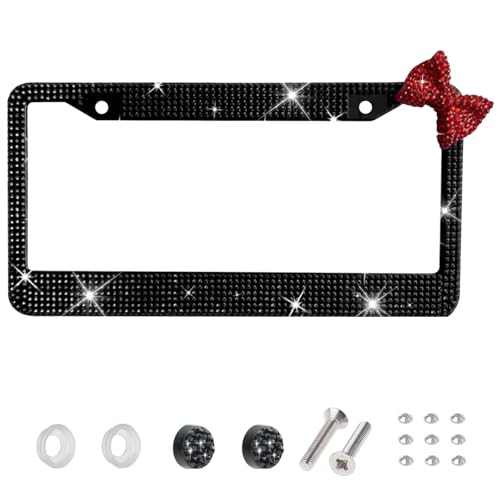 Wanheart License Plate Frame for Women Rhinestone License Plate Frame with Bow Sparkly Car Tag Frame Cute Girly Car Accessories Gift 1 Black Frame Red Bow - Image 1