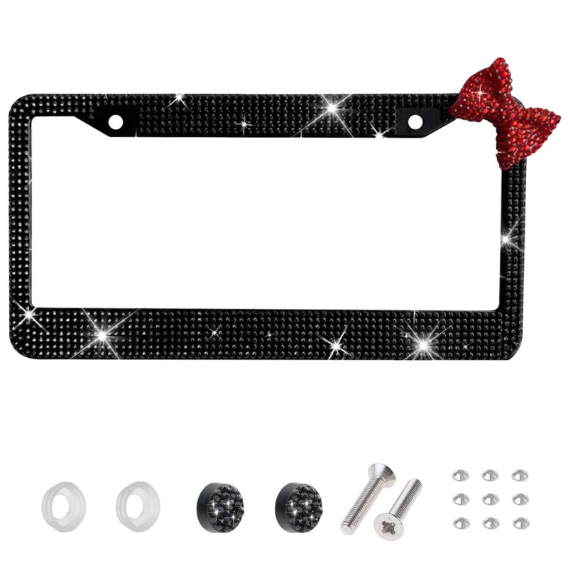 Wanheart License Plate Frame for Women Rhinestone License Plate Frame with Bow Sparkly Car Tag Frame Cute Girly Car Accessories Gift 1 Black Frame Red Bow - Image 3