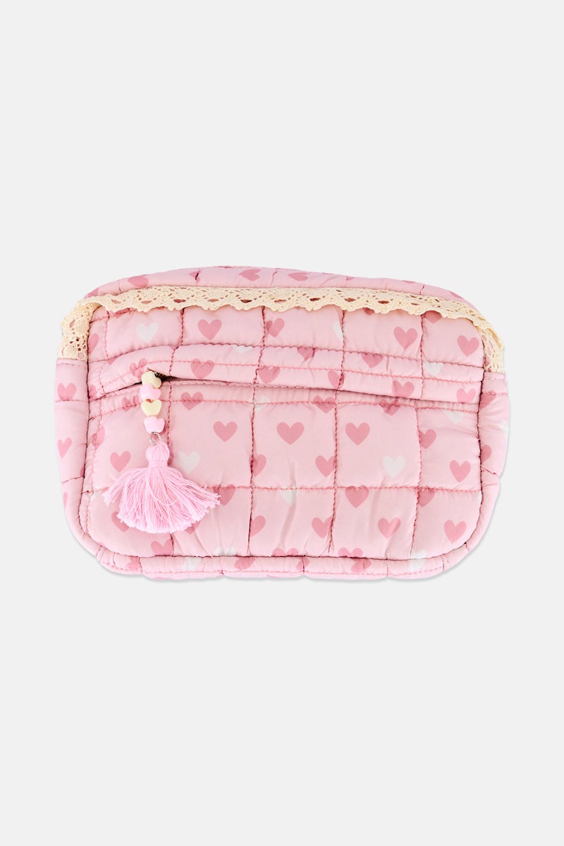 Miss Gwen's OMG Kids Girl Heart Quilted Makeup Pouch, Light Pink - Image 1