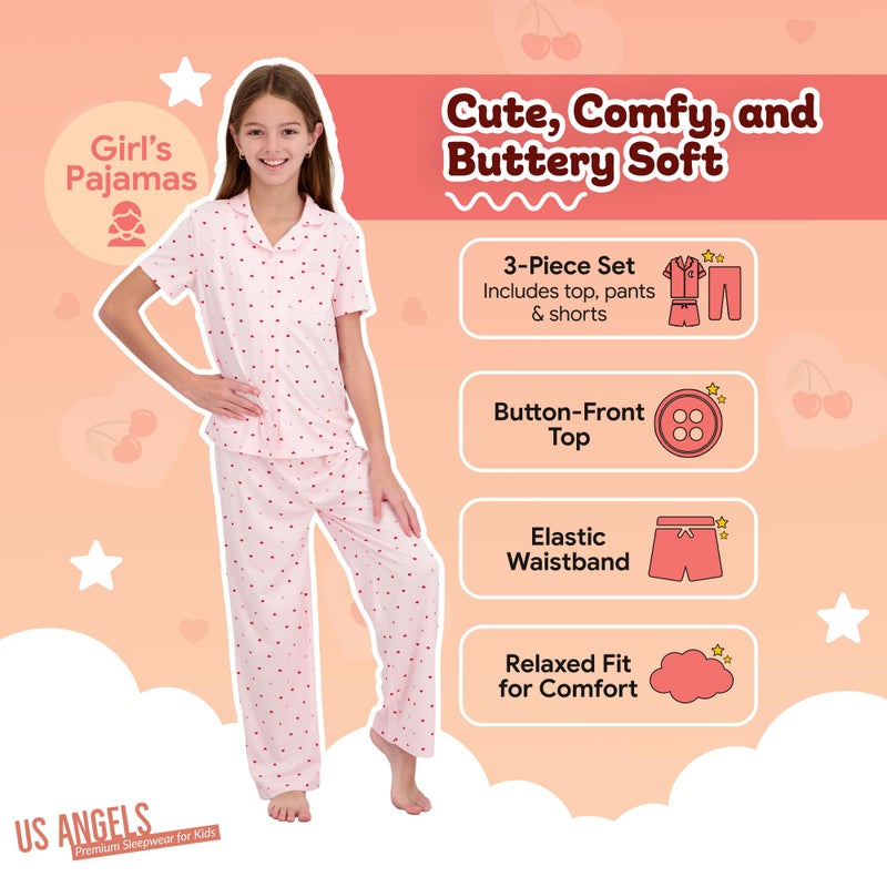 US Angels Girls Ultra Soft Button Down Pajamas, 3 Piece Pajama Set, pjs for teen girl 10-12 - Image 3