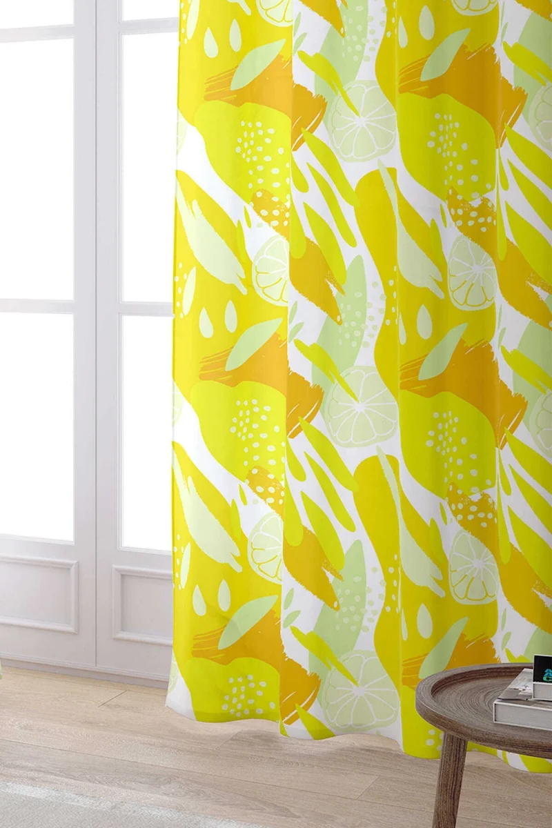 كانغو هوم White Yellow Lemon Patterned Digital Printed Curtain OYTYK923-PR