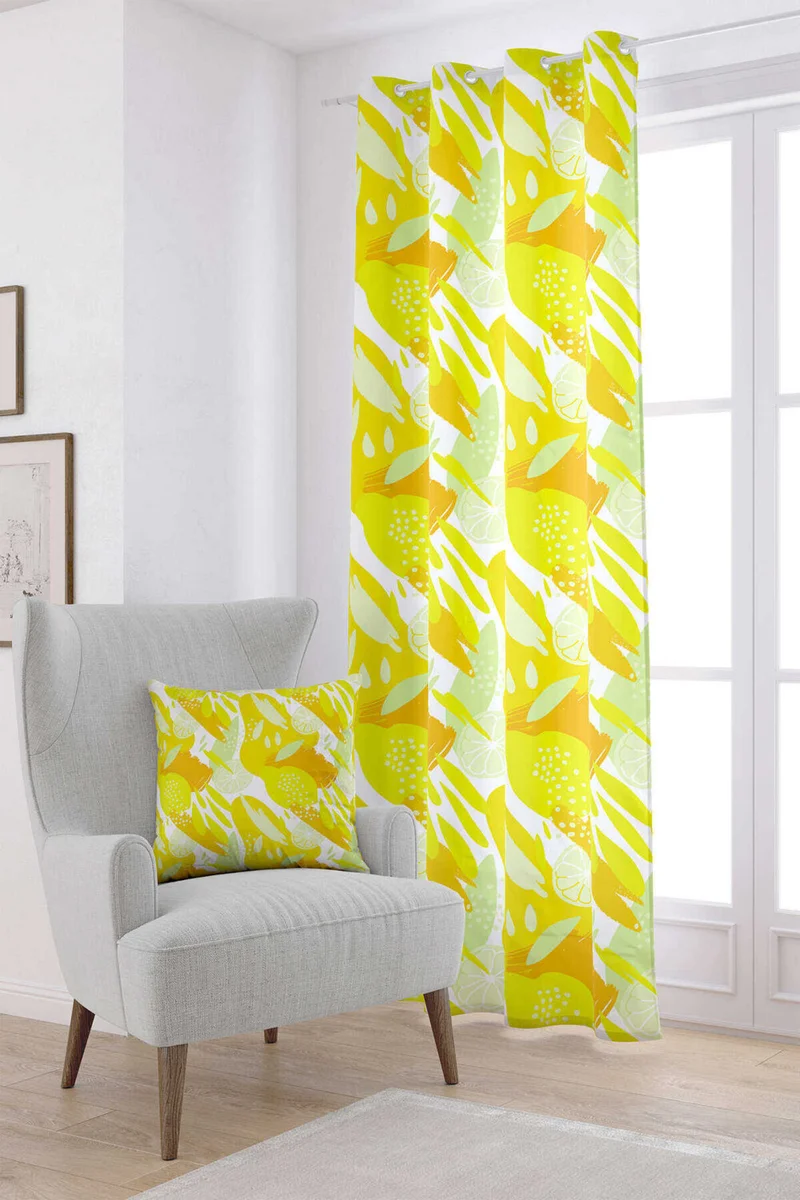 كانغو هوم White Yellow Lemon Patterned Digital Printed Curtain OYTYK923-PR