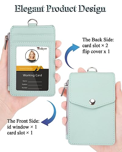 Teskyer Badge Holder with Side Zip Pocket, Multiple Card Slots Leather ID Holder Wallet with Neck Lanyard for Office, Teachers/Students, Workers, Cruise Cards, Metro Cards, Lichee Light Green - Image 3