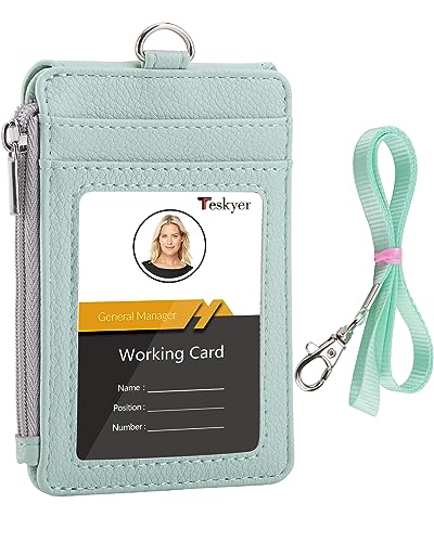 Teskyer Badge Holder with Side Zip Pocket, Multiple Card Slots Leather ID Holder Wallet with Neck Lanyard for Office, Teachers/Students, Workers, Cruise Cards, Metro Cards, Lichee Light Green - Image 1