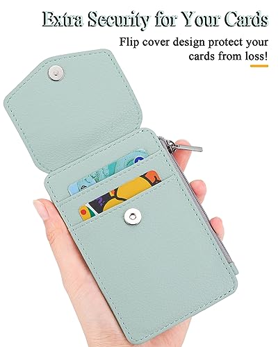 Teskyer Badge Holder with Side Zip Pocket, Multiple Card Slots Leather ID Holder Wallet with Neck Lanyard for Office, Teachers/Students, Workers, Cruise Cards, Metro Cards, Lichee Light Green - Image 4