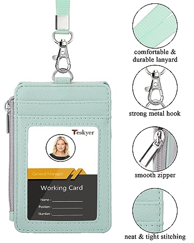 Teskyer Badge Holder with Side Zip Pocket, Multiple Card Slots Leather ID Holder Wallet with Neck Lanyard for Office, Teachers/Students, Workers, Cruise Cards, Metro Cards, Lichee Light Green - Image 2