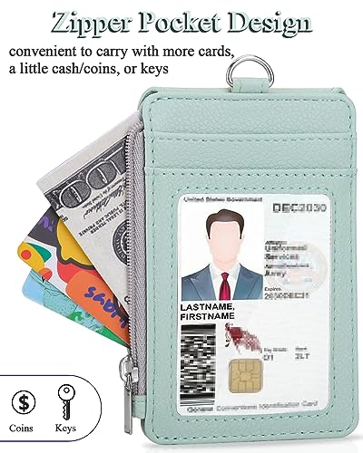 Teskyer Badge Holder with Side Zip Pocket, Multiple Card Slots Leather ID Holder Wallet with Neck Lanyard for Office, Teachers/Students, Workers, Cruise Cards, Metro Cards, Lichee Light Green - Image 5